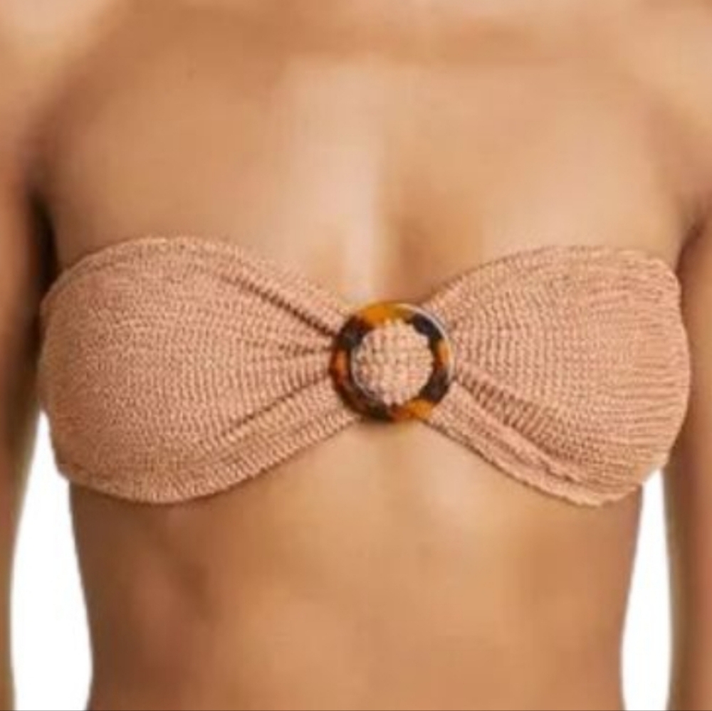 HUNZA G FLORA BIKINI TOP STRAPLESS BANDEAU IN METALLIC COCOA